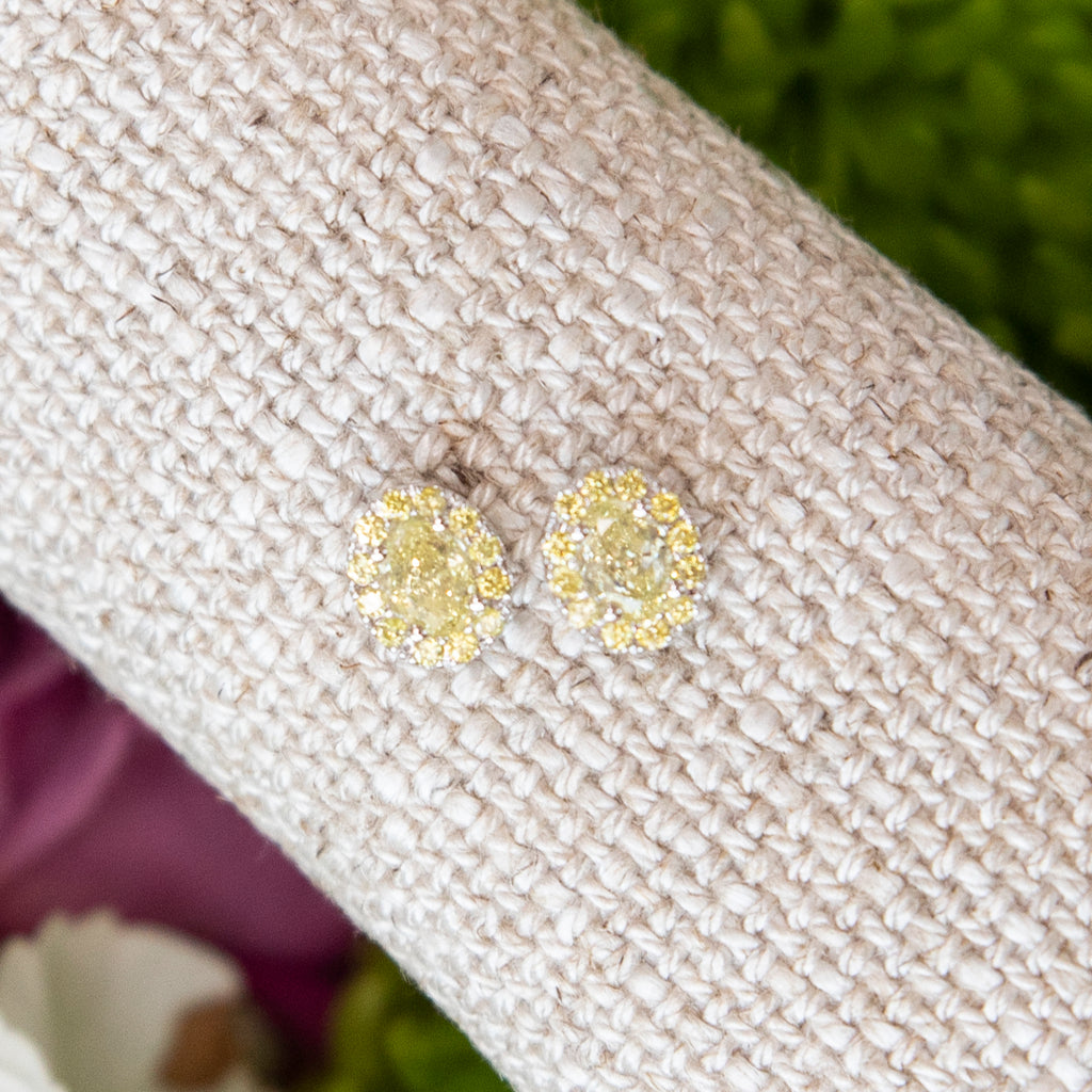 Bespoke Natural Oval Cut Yellow Diamond Earrings with Yellow Diamond Halo