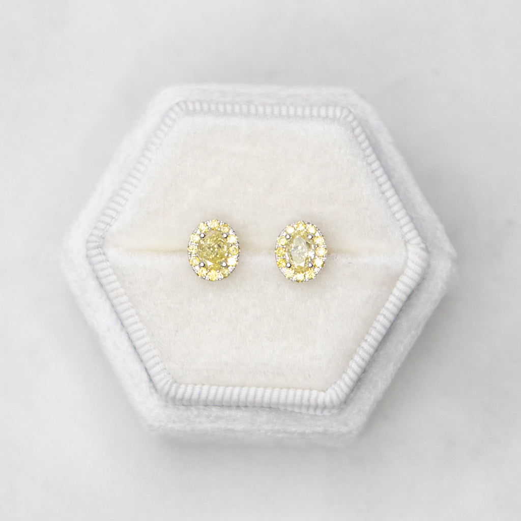 Bespoke Natural Oval Cut Yellow Diamond Earrings with Yellow Diamond Halo