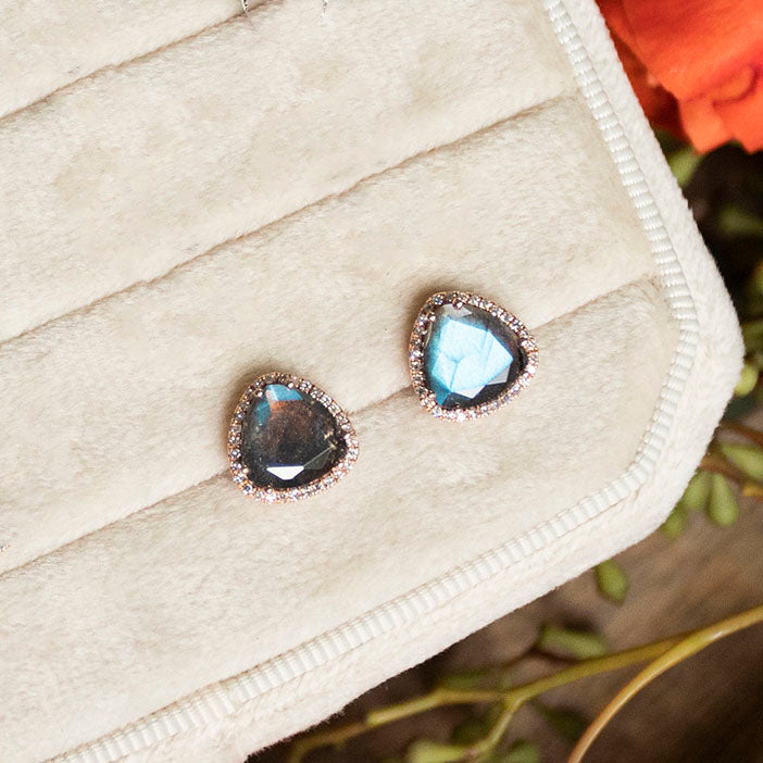 Labradorite and Diamond Halo Studs in 14k Rose Gold