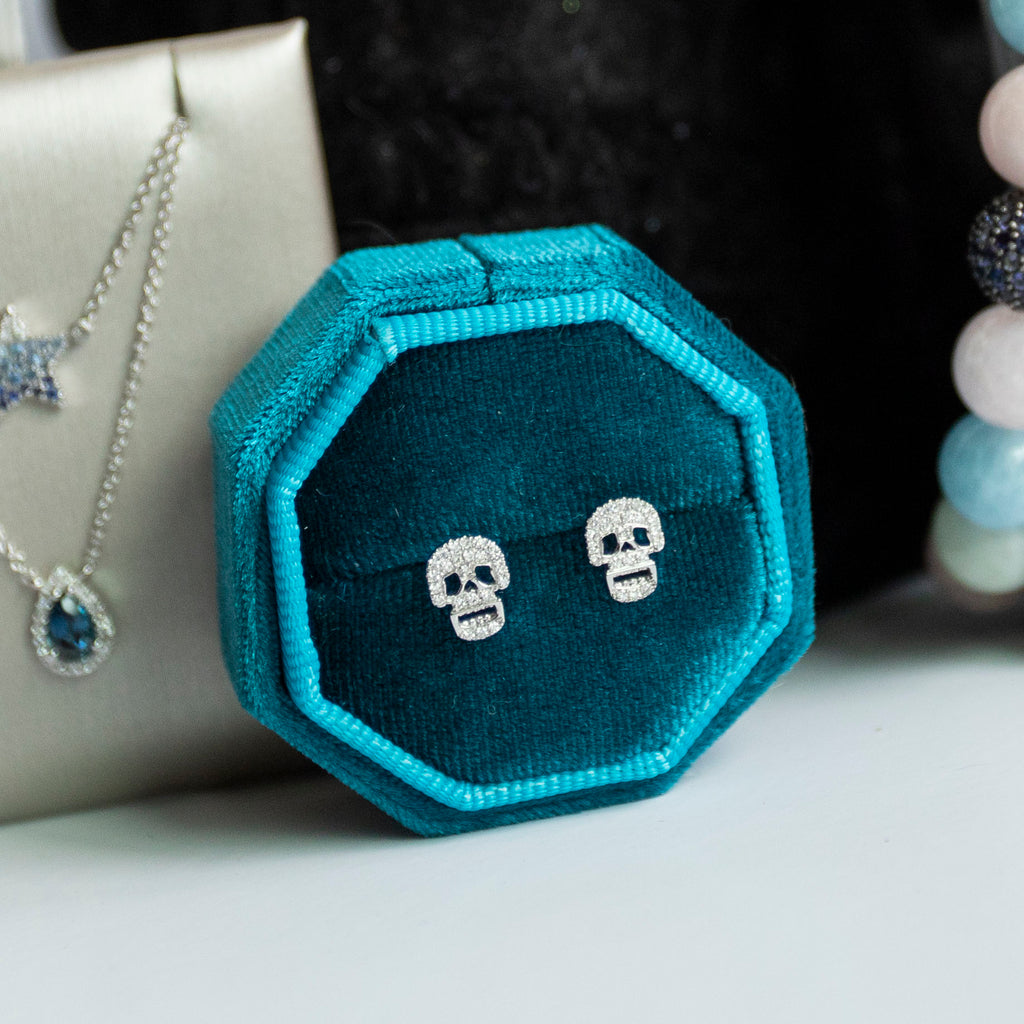 Diamond Pave Skull Studs in White Gold